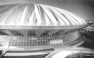 Photo of Assembly Hall at the University of Illinois, the first concrete domed sport structure, which was completed in 1963.